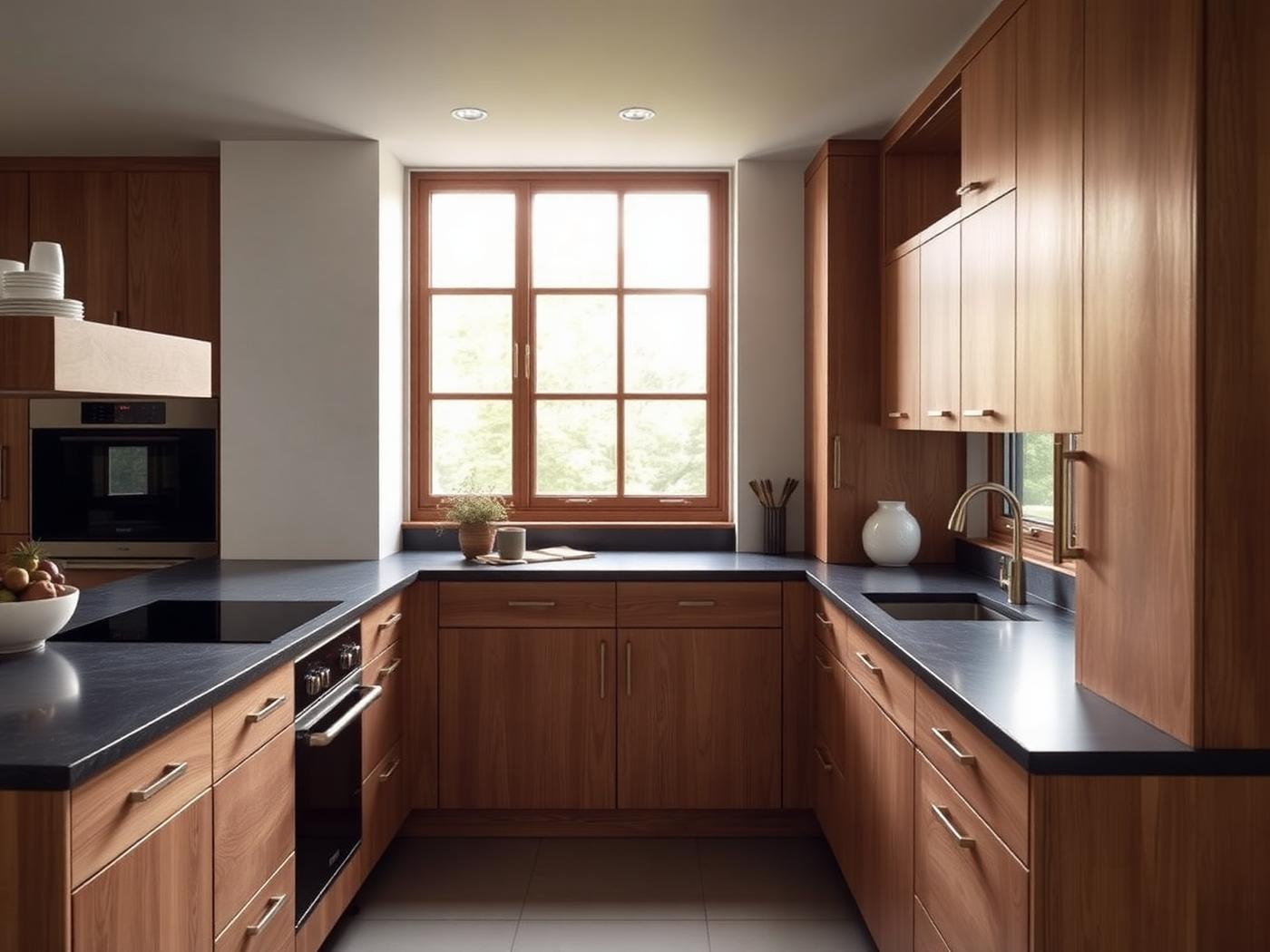 Cocina en madera de roble con encimera de piedra oscura