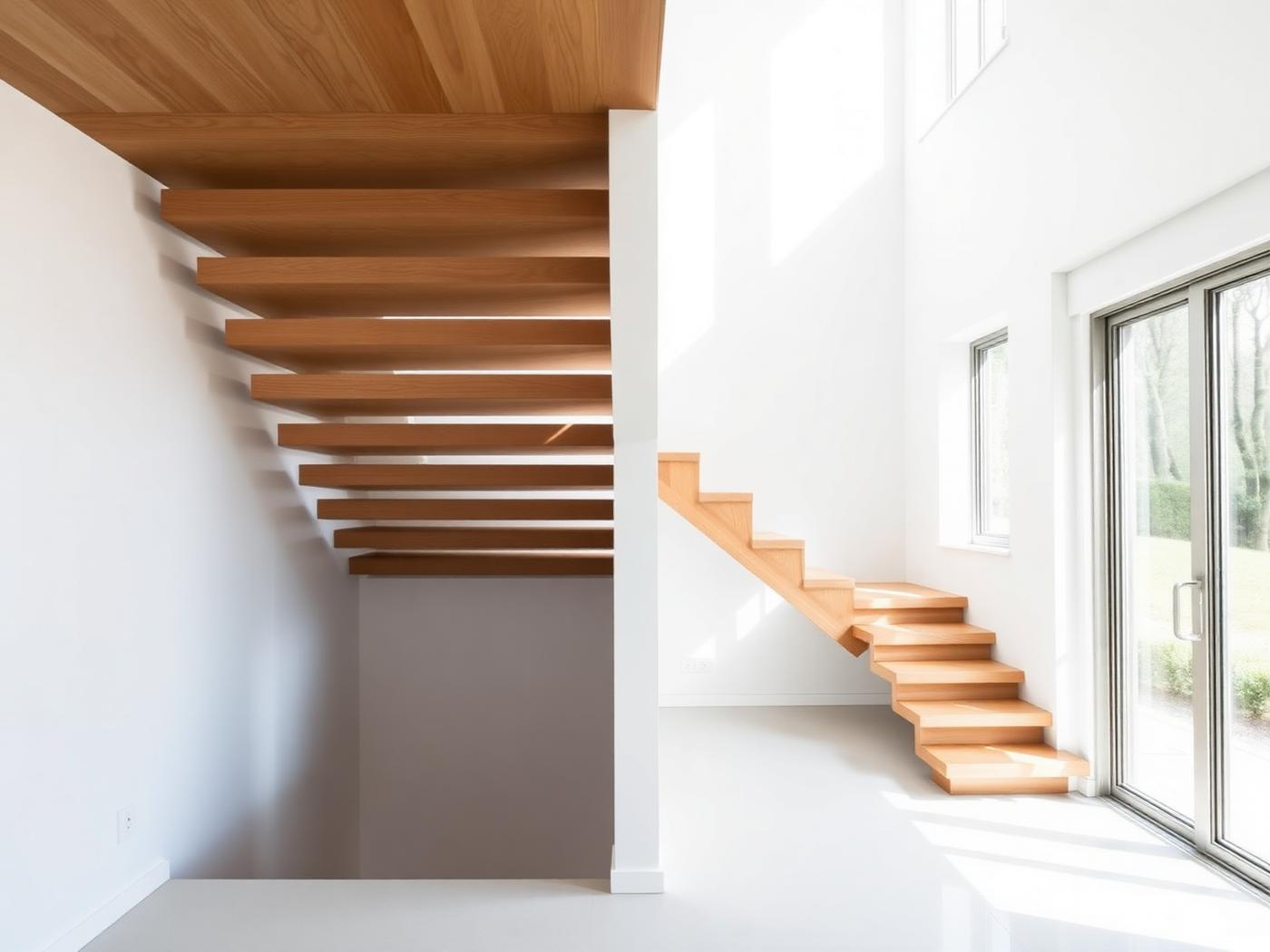 Escalera flotante de roble en vivienda contemporánea