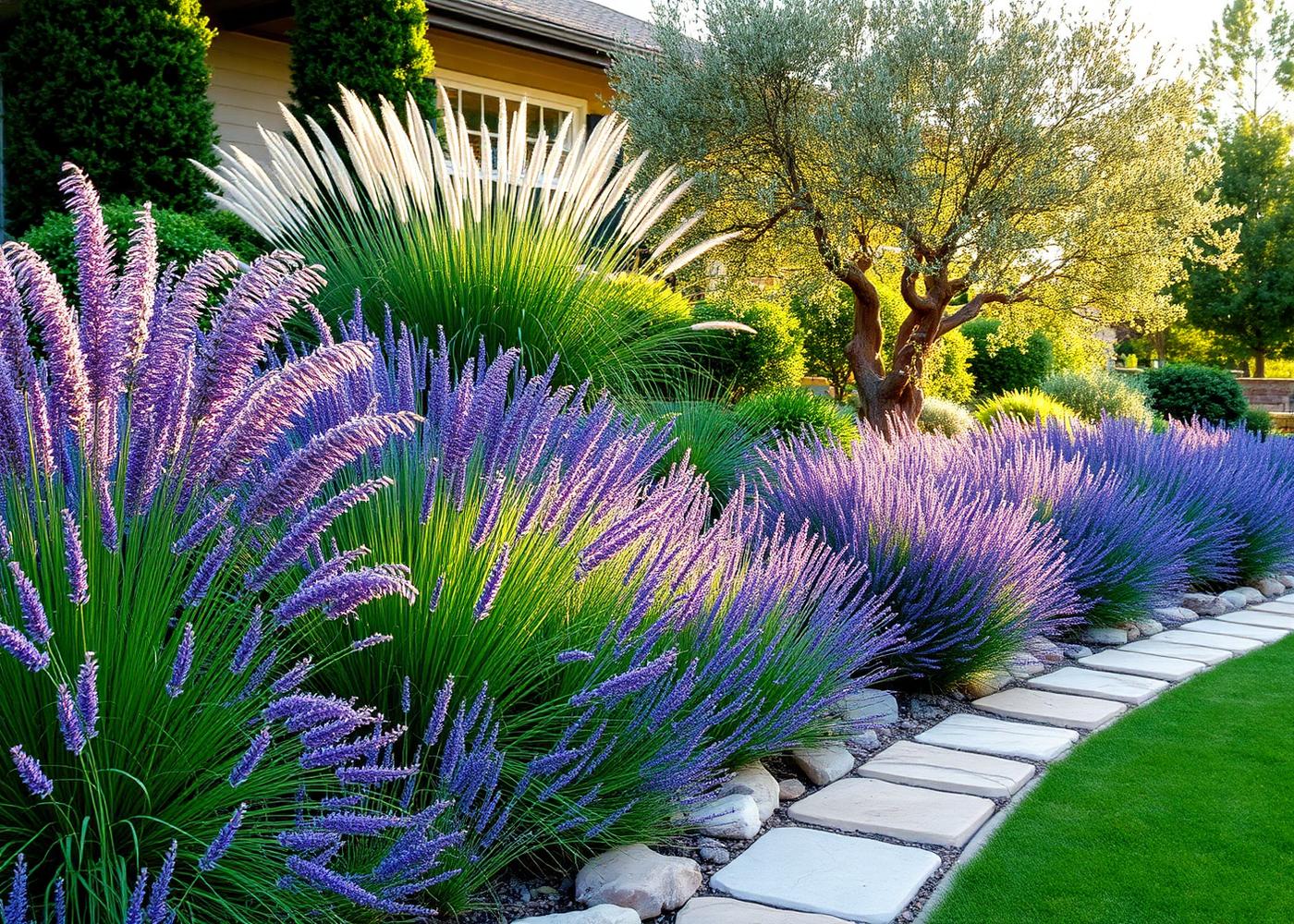 Diseño paisajístico con lavanda, gramíneas y olivo centenario